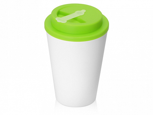 Пластиковый стакан Take away с двойными стенками и крышкой с силиконовым клапаном, 350 мл, белый/зел. Яблоко — РПК «Прогресс»