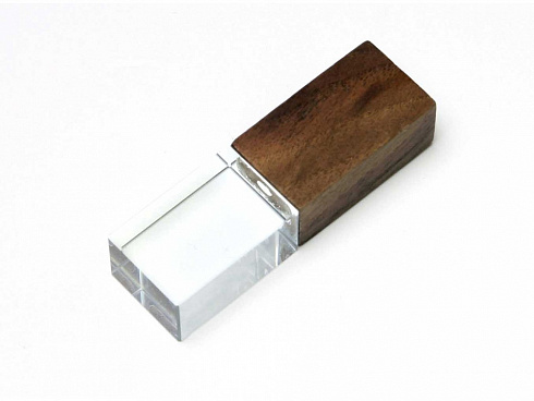 USB-флешка на 64 ГБ прямоугольной формы, под гравировку 3D логотипа, материал стекло, с деревянным колпачком красного цвета, белый — РПК «Прогресс»