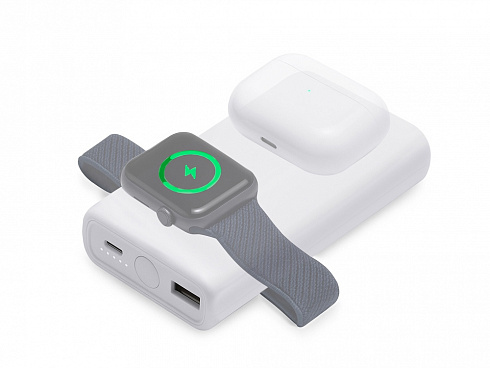 Внешний беспроводной аккумулятор 2-в-1 с функцией зарядки Apple Watch, QC/PD AtomIQ, 10000 мАч, белый — РПК «Прогресс»